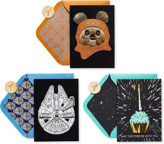 Papyrus Star Wars Birthday Card Assortment, Ewok, Cupcake, and Millennium Falcon (3-Count)