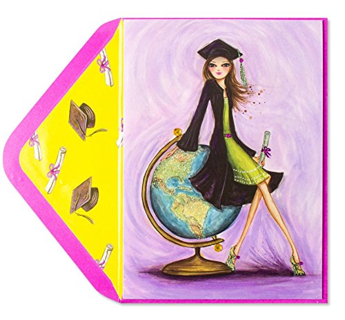 Papyrus Glitter Embellished Bella Pilar Graduation Card - Girl With Globe - Look Out World Here You Come