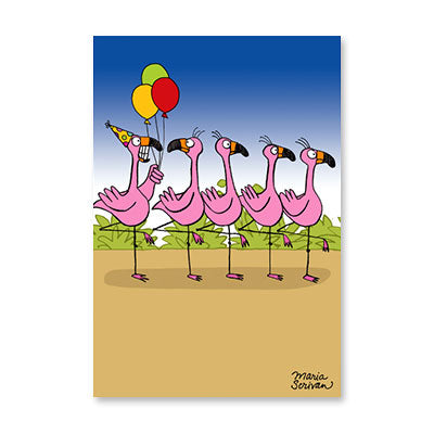 FLAMINGO WITH BALLOONS BIRTHDAY CARD BY RPG