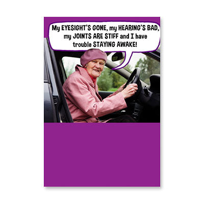 OLD LADY BEHIND WHEEL BIRTHDAY CARD BY RPG
