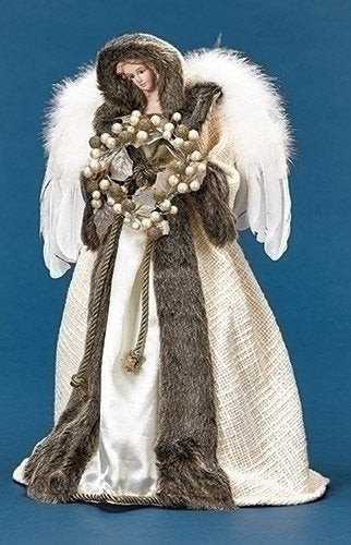 Roman 31431 18.5" Angel with Wreath Tree topper Berries and Leaves Trimmed Edge