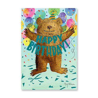 SMILING BEAR HOLDING SIGN BIRTHDAY CARD BY RPG