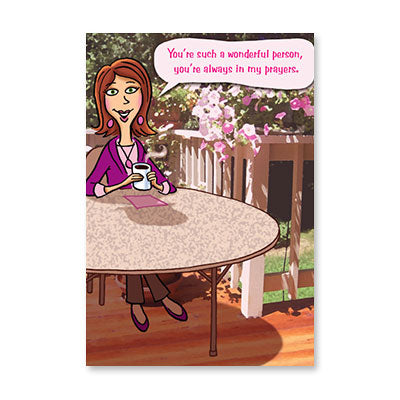 WOMAN CHARACTER IN MY PRAYERS BIRTHDAY CARD BY RPG