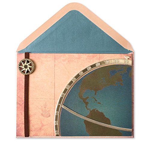 Papyrus Any Occasion Embellished Greeting Cards - with Coordinating Envelope and Gold Envelope Seal (Vintage Travel Globe Blank Card)