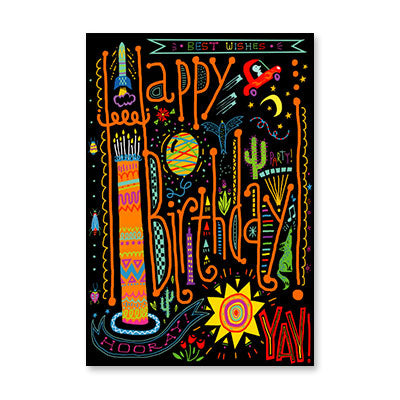 BRIGHT ICONS ON BLACK BIRTHDAY CARD BY RPG