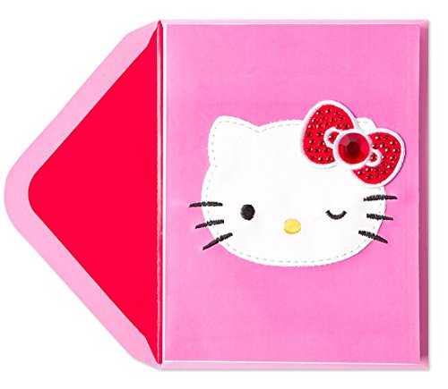 Papyrus Any Occasion Embellished Greeting Cards - with Coordinating Envelope and Gold Envelope Seal (Cutie Hello Kitty on Faux Leather Birthday Card)